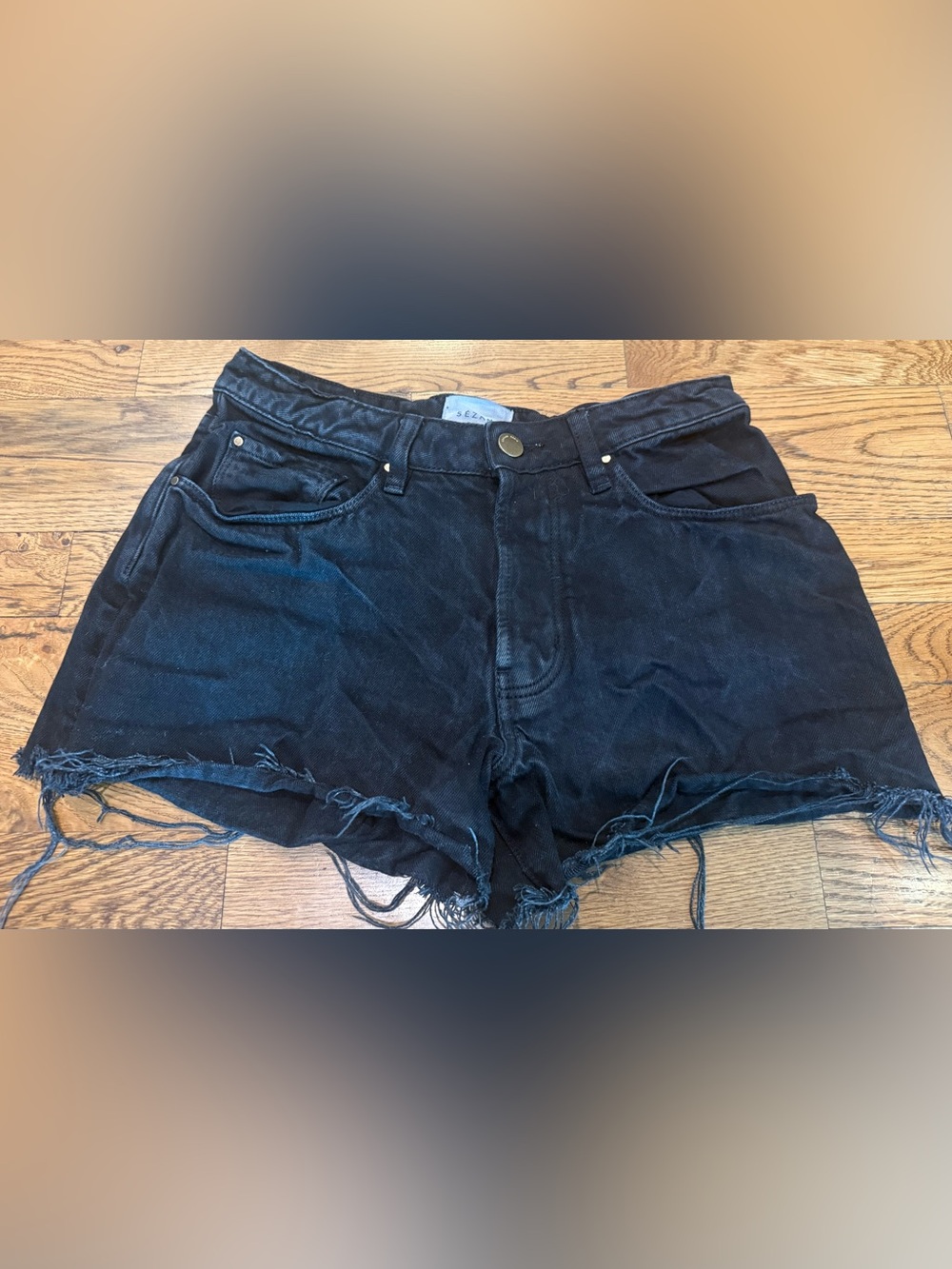 Sezane Black Distressed Denim Jean Shorts